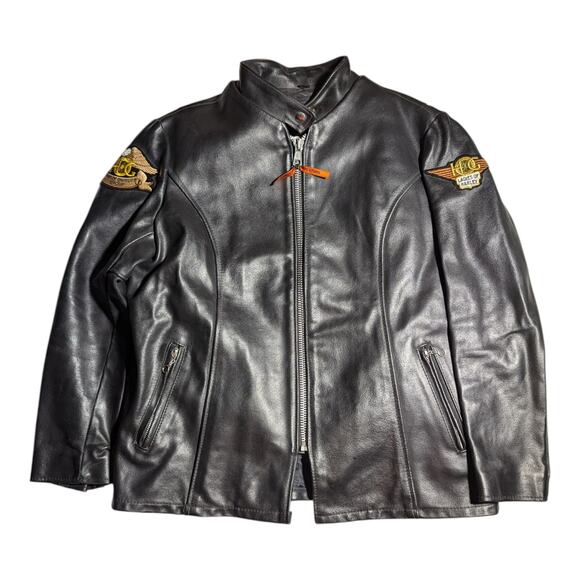 Vtg 1980s The Leather Shop Black Harley Patch Full Zip Biker Jacket Women's 18 - Picture 1 of 7